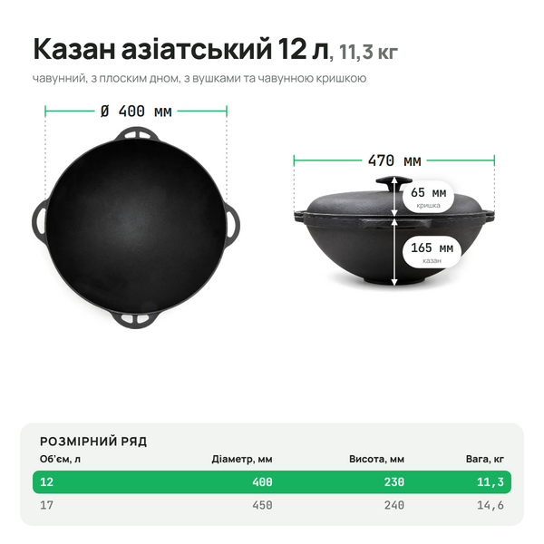 Казан чавунний азіатський 12 л з чавунною кришкою (плоске дно), ТМ СІТОН AZ12-FK фото
