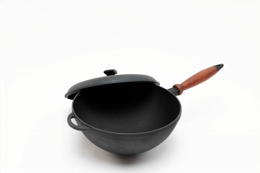 Сковорода чавунна WOK 200х90 мм з дерев'яною ручкою та чавунною кришкою ТМ СІТОН 2090WH-K фото