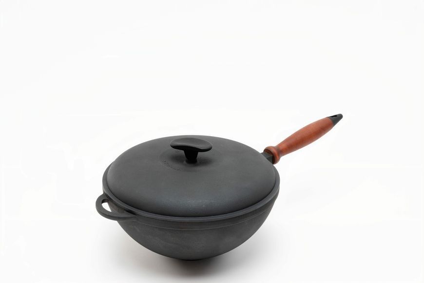 Сковорода чавунна WOK 200х90 мм з дерев'яною ручкою та чавунною кришкою ТМ СІТОН 2090WH-K фото