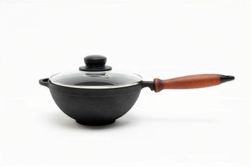 Сковорода чавунна WOK 260х120 мм з дерев'яною ручкою та скляною кришкою ТМ СІТОН 2612W-H-L фото