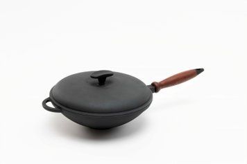 Сковорода чавунна WOK 260х80 мм з дерев'яною ручкою та чавунною кришкою ТМ СІТОН 2680WH-K фото